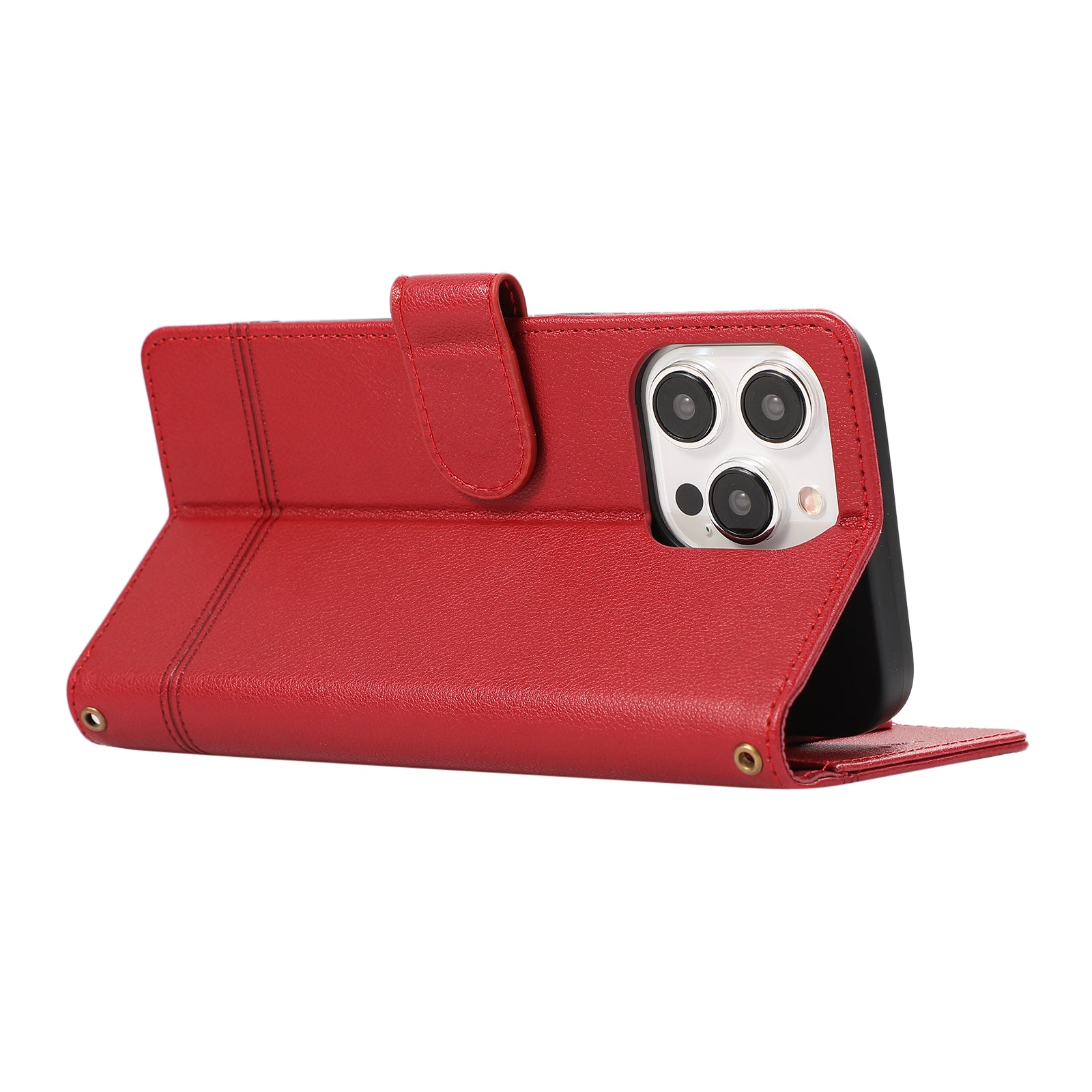 For iPhone 14 Pro Cell Phone Case Lines Imprinted Anti-drop Leather Cover with Mirror - Red