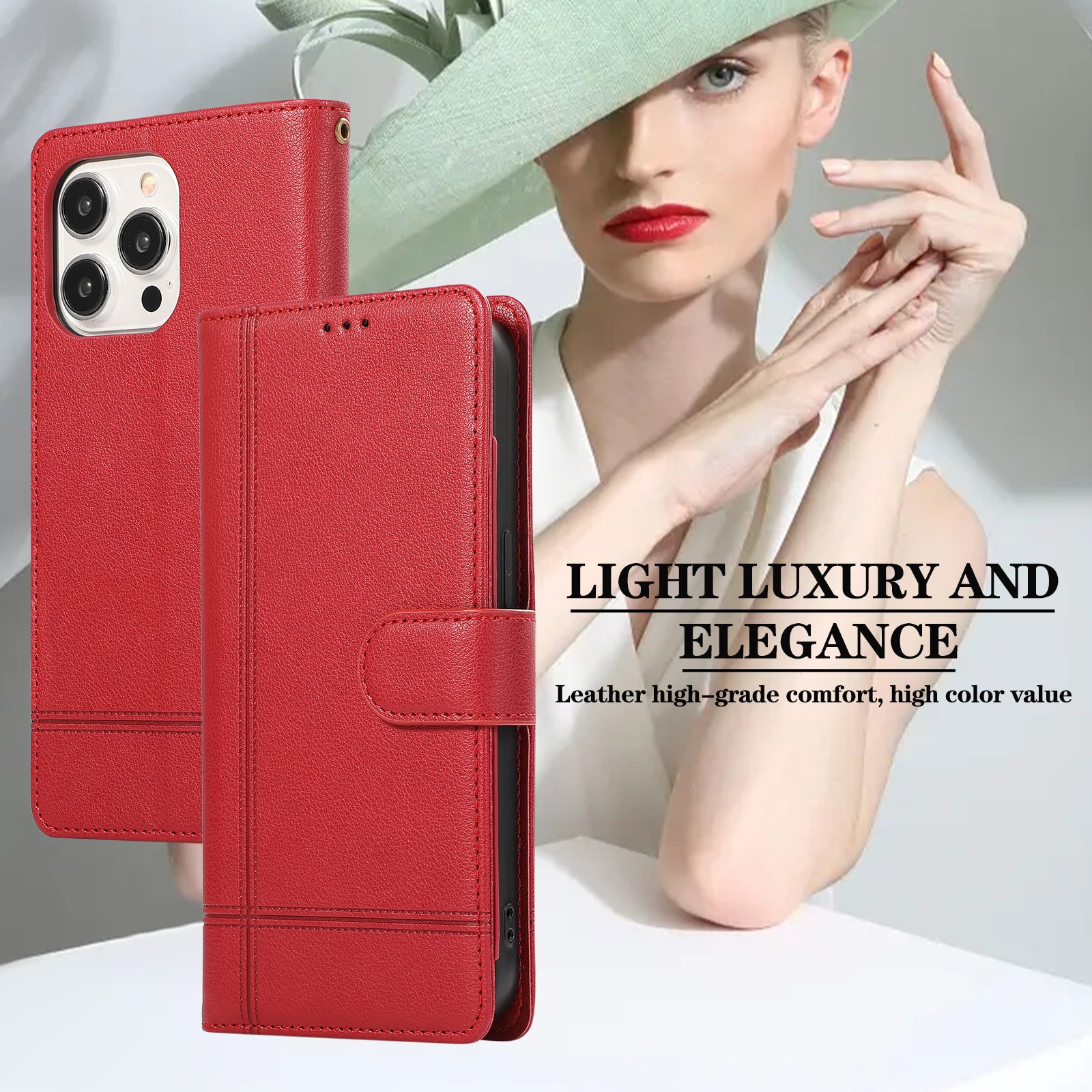 For iPhone 14 Pro Cell Phone Case Lines Imprinted Anti-drop Leather Cover with Mirror - Red