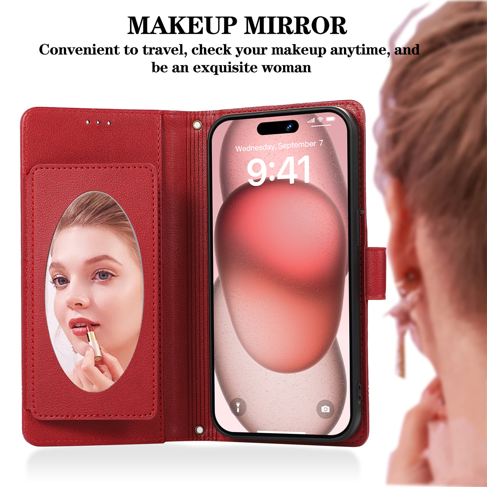For iPhone 14 Pro Cell Phone Case Lines Imprinted Anti-drop Leather Cover with Mirror - Red