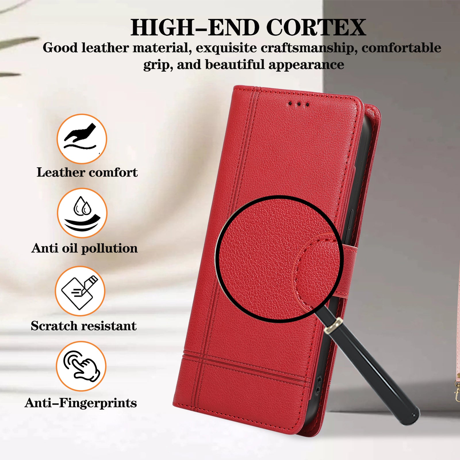 For iPhone 14 Pro Cell Phone Case Lines Imprinted Anti-drop Leather Cover with Mirror - Red