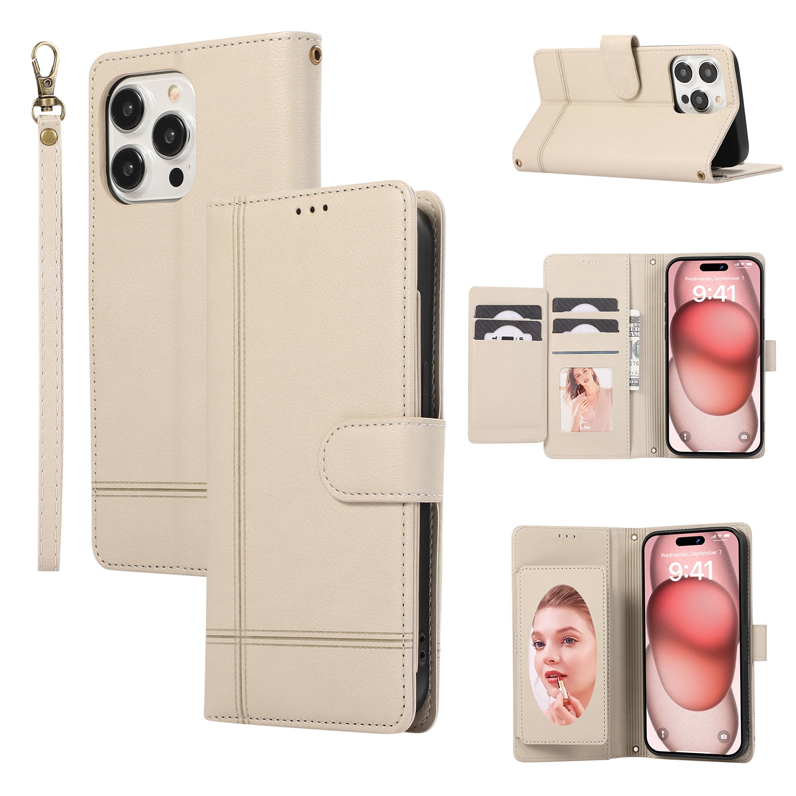 For iPhone 14 Pro Cell Phone Case Lines Imprinted Anti-drop Leather Cover with Mirror - Red