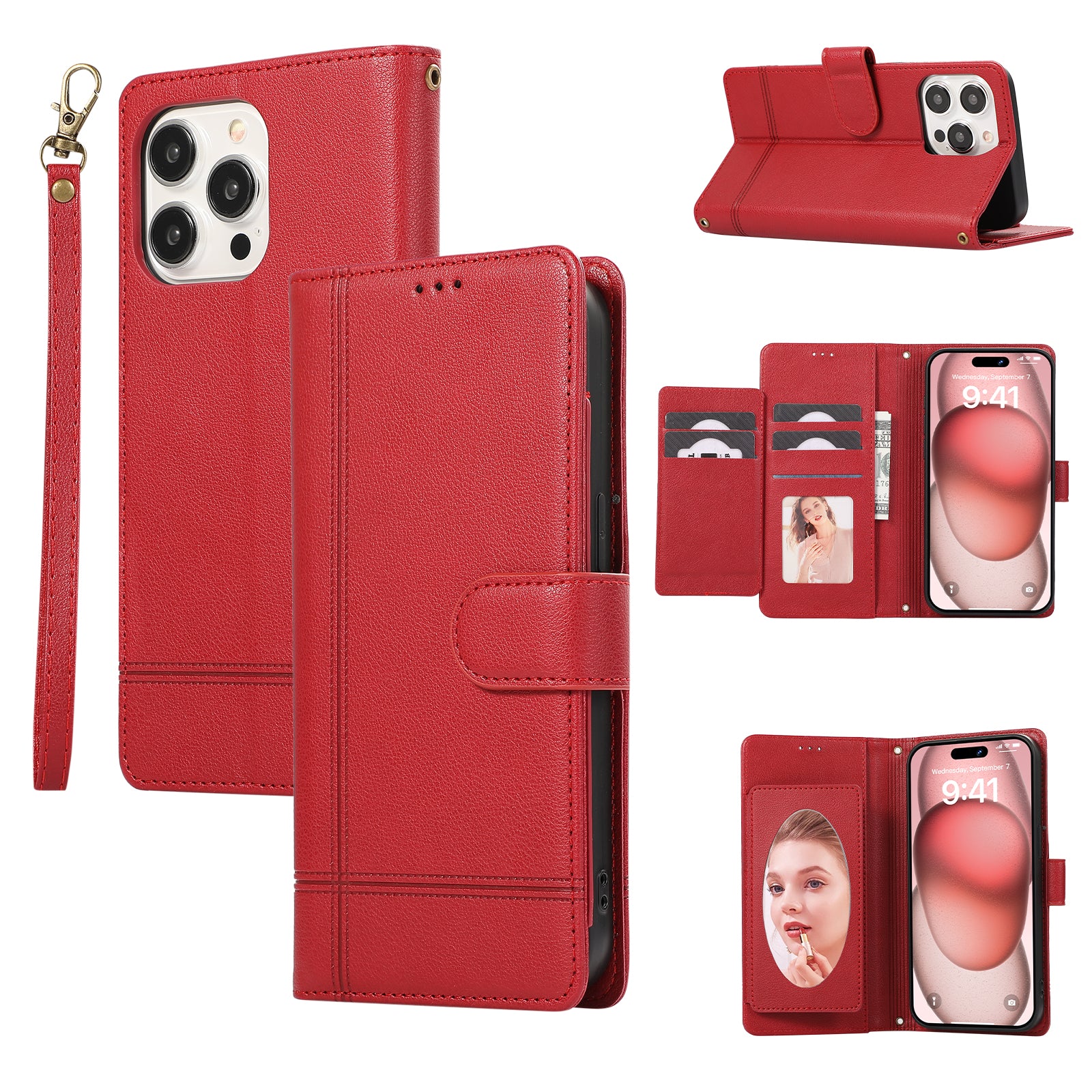 For iPhone 15 Pro Max Cell Phone Cases Lines Imprinted Leather Cover with Mirror - Purple