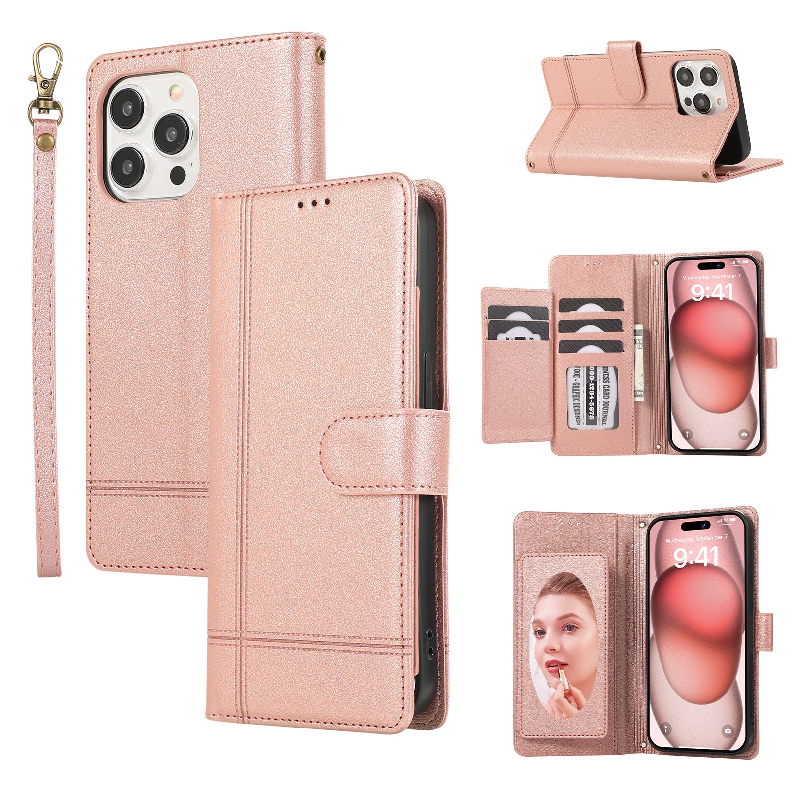 For iPhone 14 Pro Max Cell Phone Cases Folio Flip Leather Cover with Mirror - Rose Gold