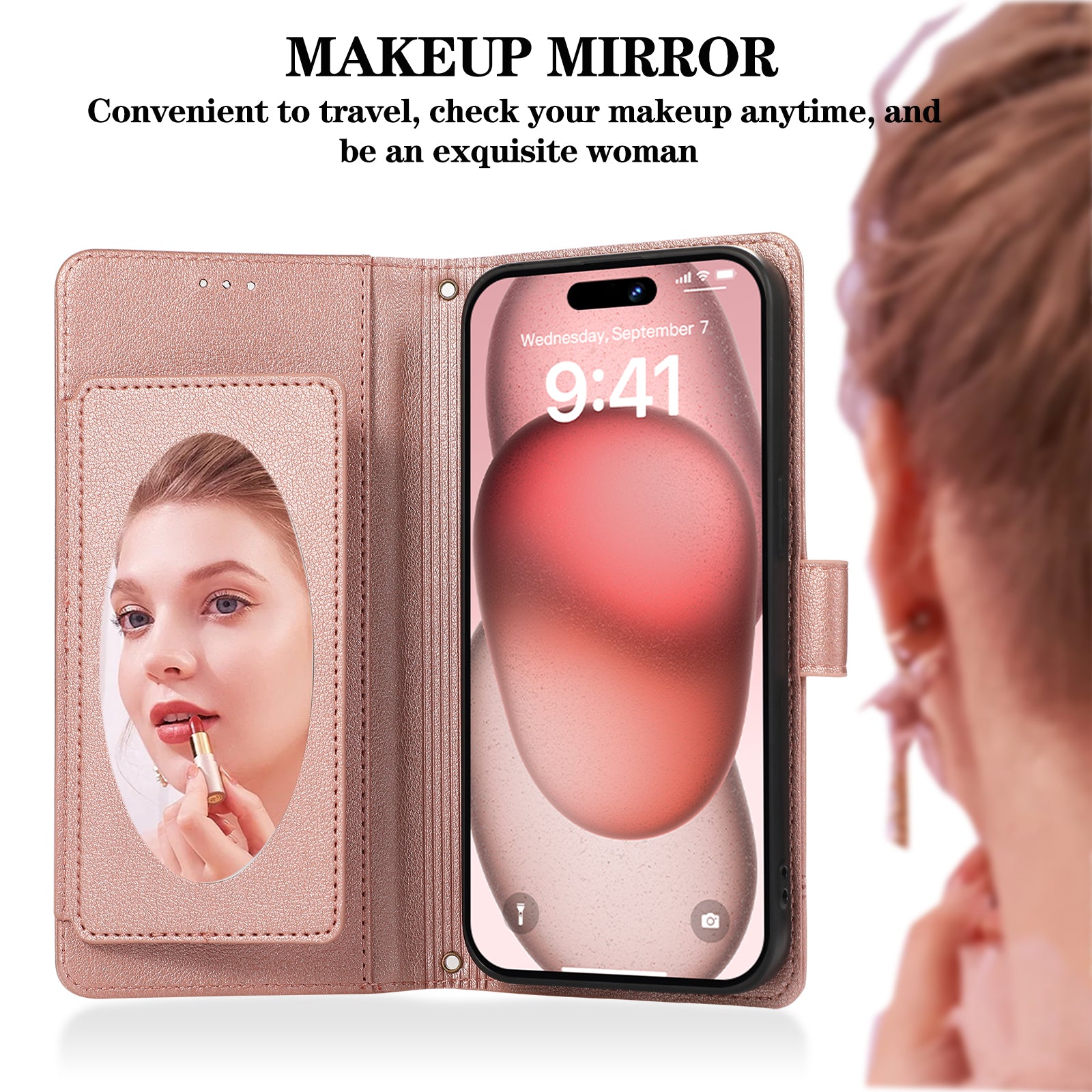 For iPhone 14 Pro Max Cell Phone Cases Folio Flip Leather Cover with Mirror - Rose Gold
