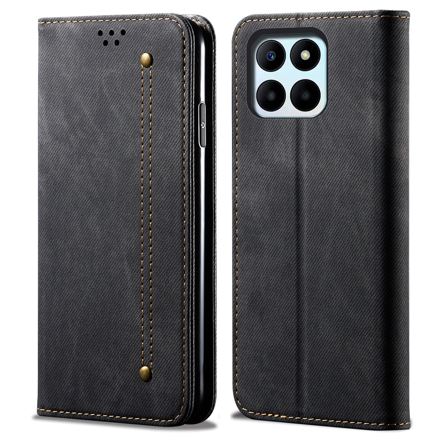 For Honor X8b 4G Case Collection Leather Folio Wallet Phone Cover Jeans Cloth Texture - Black