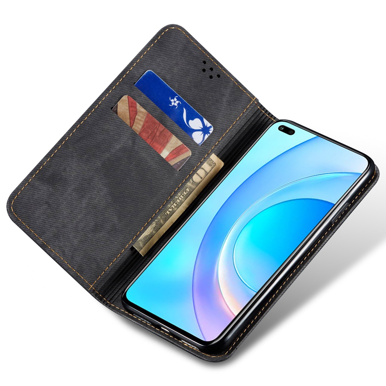 For Honor X8b 4G Case Collection Leather Folio Wallet Phone Cover Jeans Cloth Texture - Black