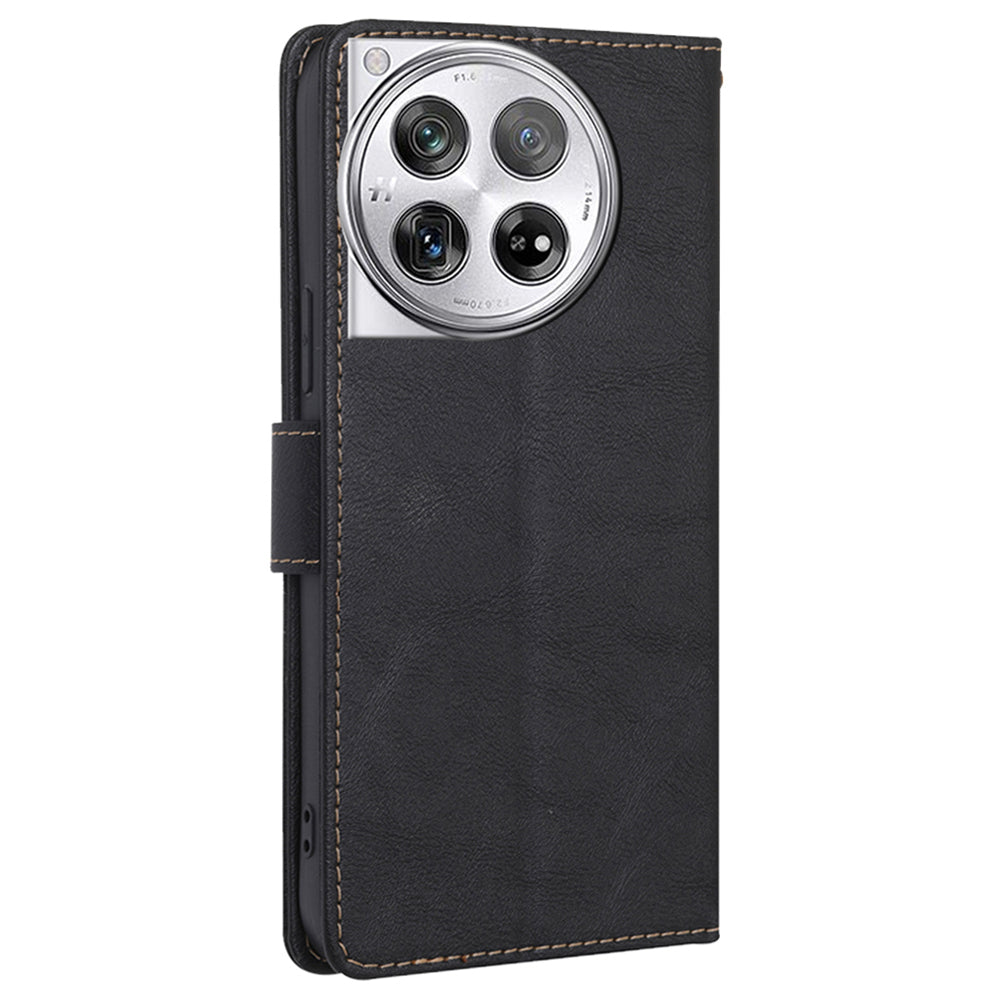 For OnePlus 12 5G Magnetic Phone Case Cowhide Texture 3 Card Slots Stand Cover - Black