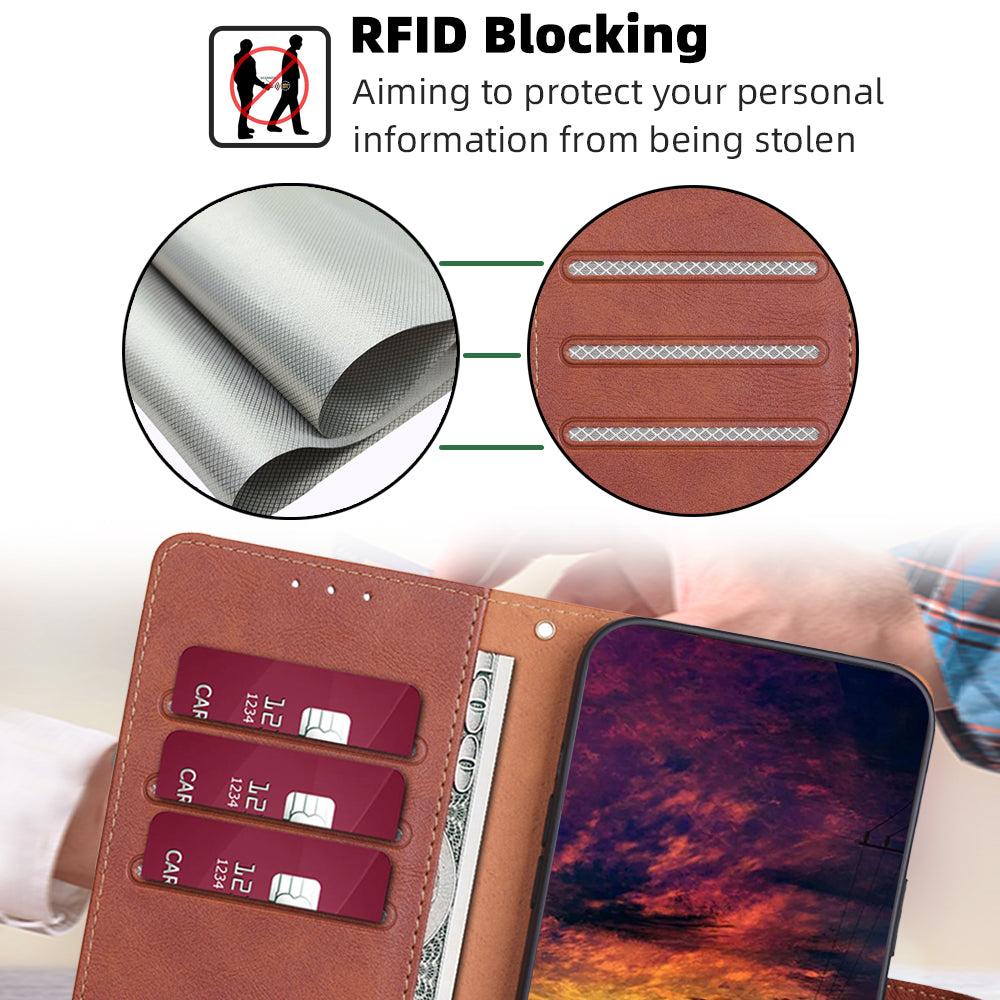 For Transsion Tecno Spark 20 Pro Cell Phone Case PU Leather Cowhide Texture RFID Blocking Wallet Cover - Brown