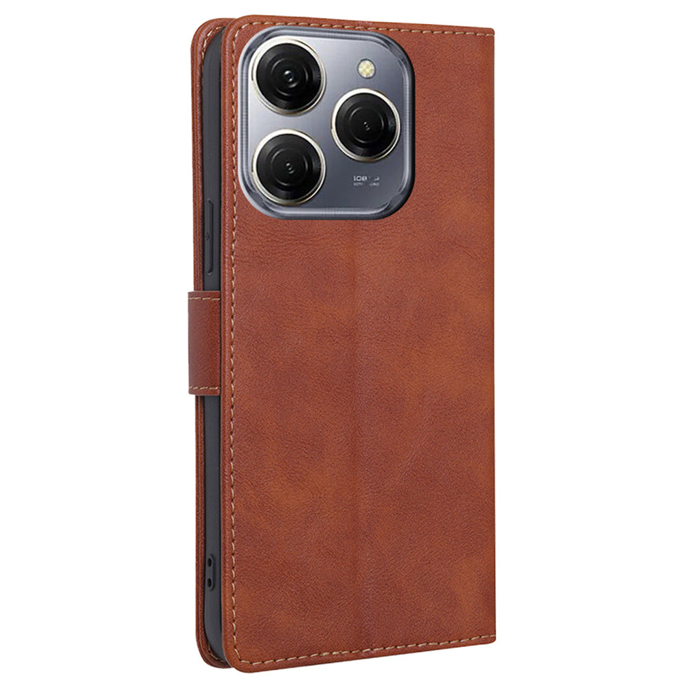 For Transsion Tecno Spark 20 Pro Cell Phone Case PU Leather Cowhide Texture RFID Blocking Wallet Cover - Brown