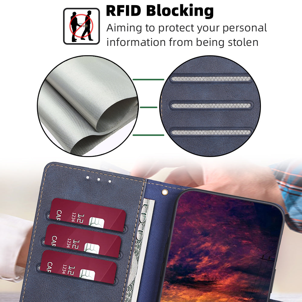 For Oppo A2x 5G / A2m 5G Case Scratch-proof RFID Blocking Wallet Stand Phone Protector - Blue