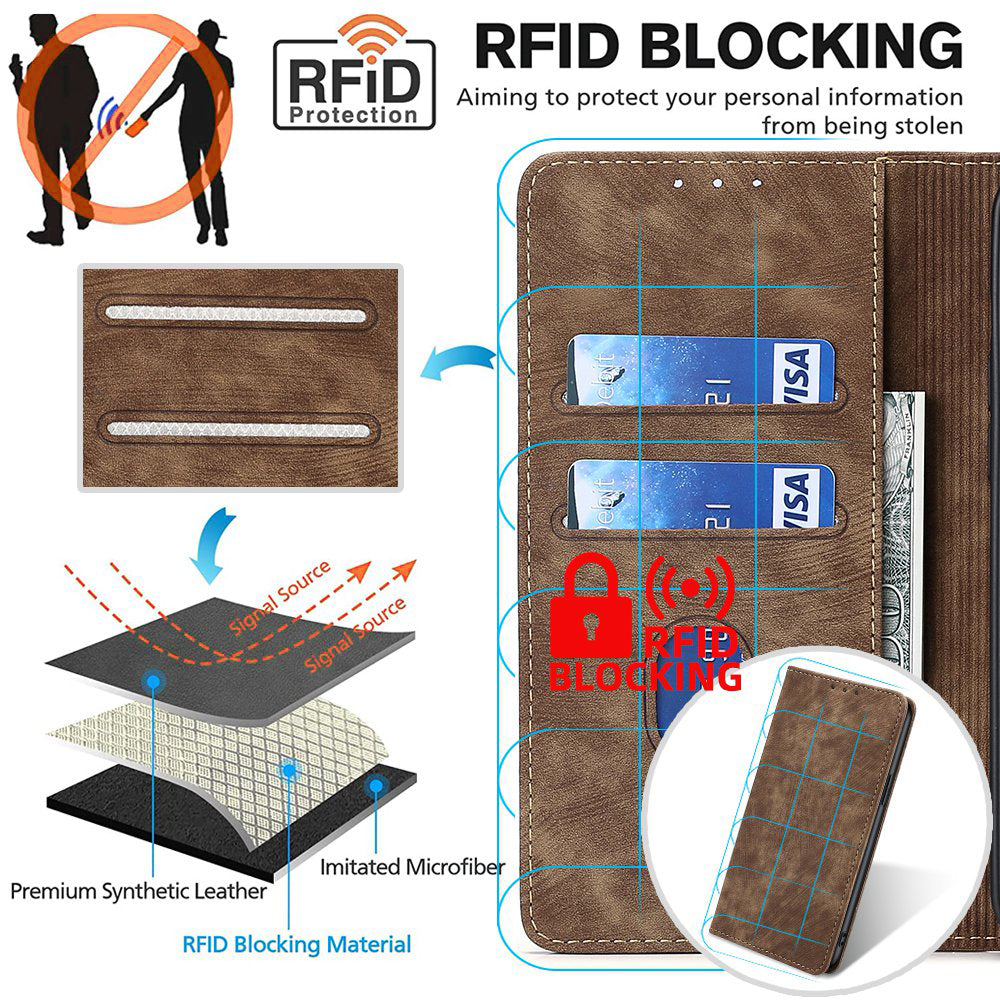 Wallet Case for Honor X50i+ 5G Cover RFID Blocking PU Leather Card Slots Phone Protector - Brown