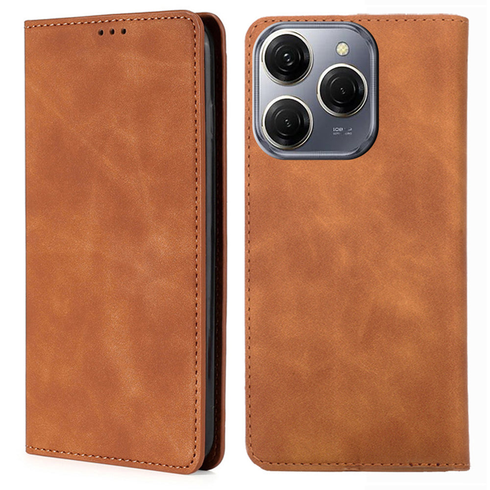For Transsion Tecno Spark 20 Pro Case Anti-Scratch PU Leather Stand Card Slots Cell Phone Cover - Light Brown