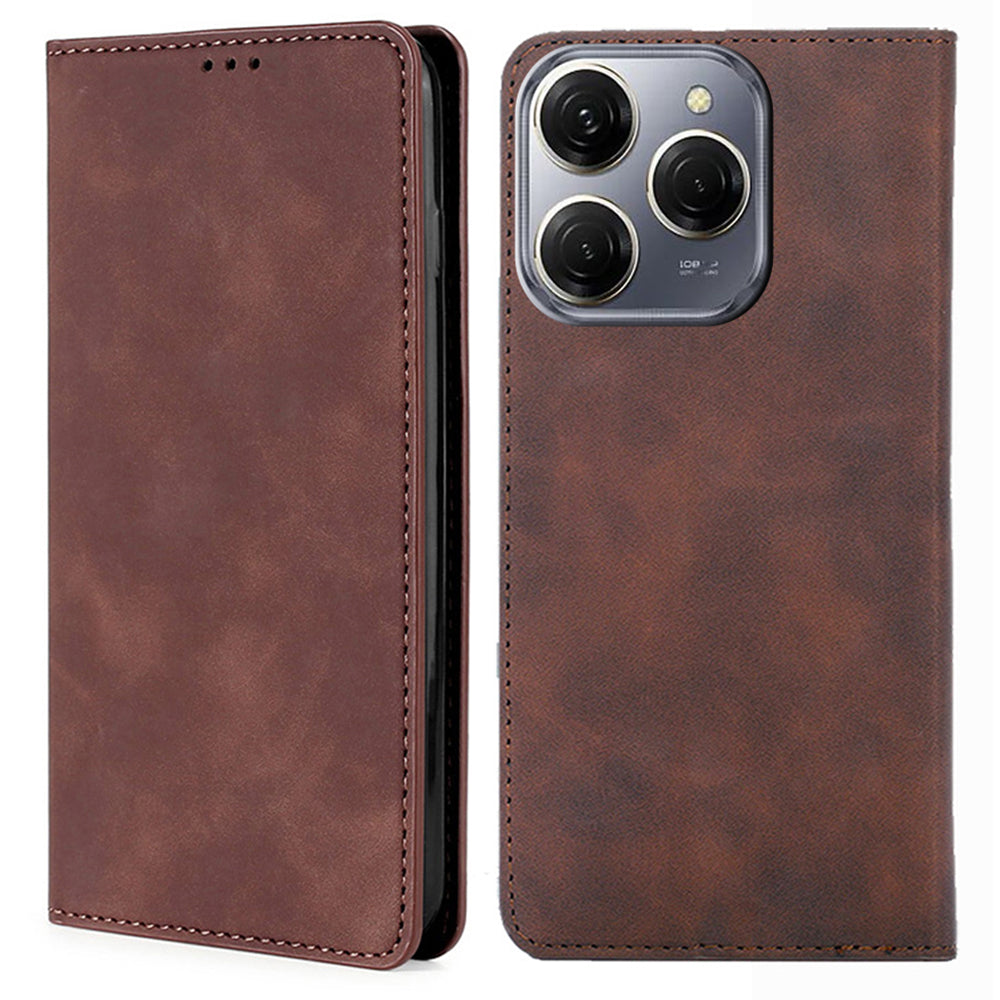 For Transsion Tecno Spark 20 Pro Case Anti-Scratch PU Leather Stand Card Slots Cell Phone Cover - Light Brown