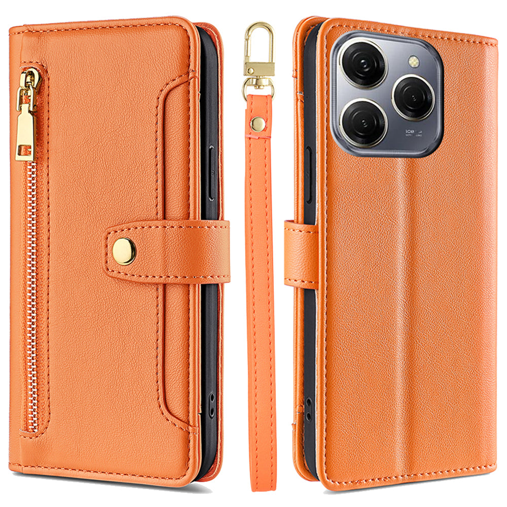 For Transsion Tecno Spark 20 Pro Case Zipper Pocket PU Leather Phone Wallet Cover with Shoulder Wrist Straps - Orange