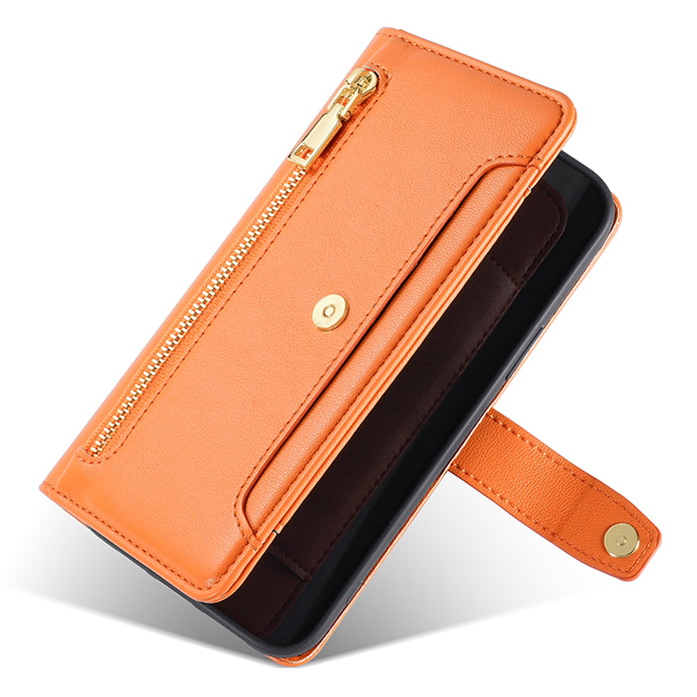 For Transsion Tecno Spark 20 Pro Case Zipper Pocket PU Leather Phone Wallet Cover with Shoulder Wrist Straps - Orange