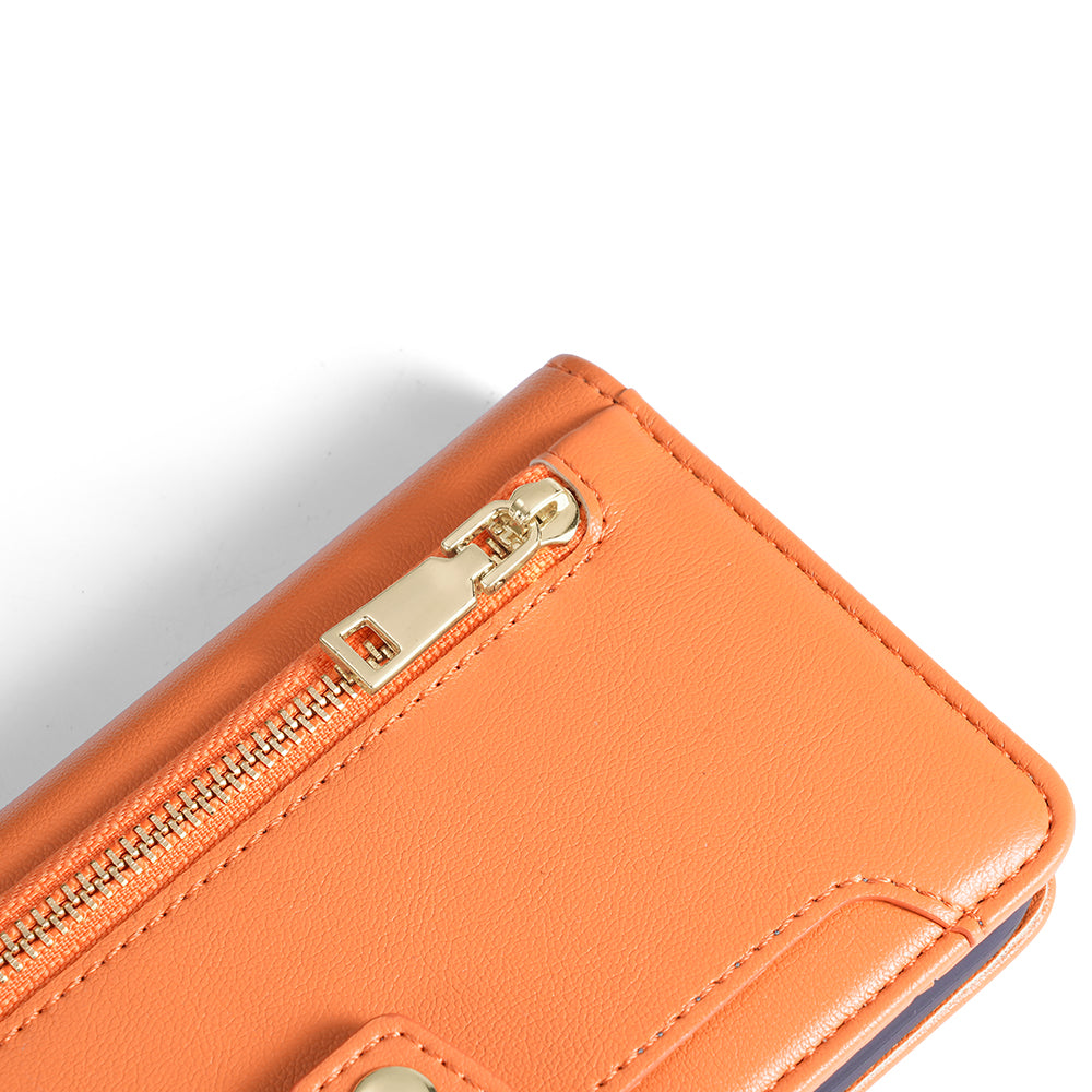 For Transsion Tecno Spark 20 Pro Case Zipper Pocket PU Leather Phone Wallet Cover with Shoulder Wrist Straps - Orange