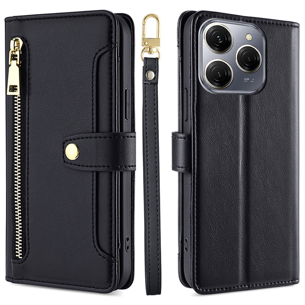 For Transsion Tecno Spark 20 Pro Case Zipper Pocket PU Leather Phone Wallet Cover with Shoulder Wrist Straps - Orange