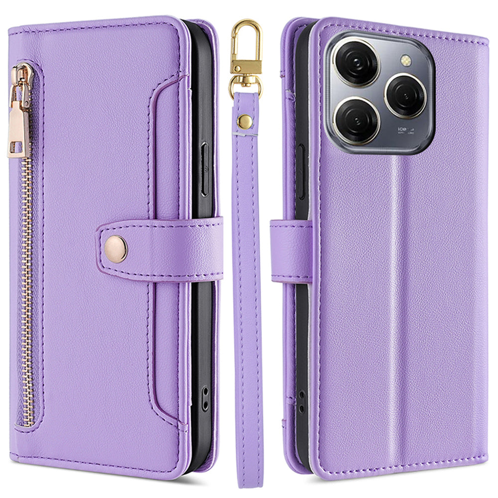 For Transsion Tecno Spark 20 Pro Case Zipper Pocket PU Leather Phone Wallet Cover with Shoulder Wrist Straps - Orange