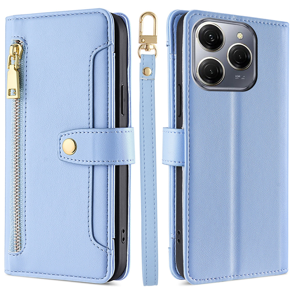 For Transsion Tecno Spark 20 Pro Case Zipper Pocket PU Leather Phone Wallet Cover with Shoulder Wrist Straps - Orange