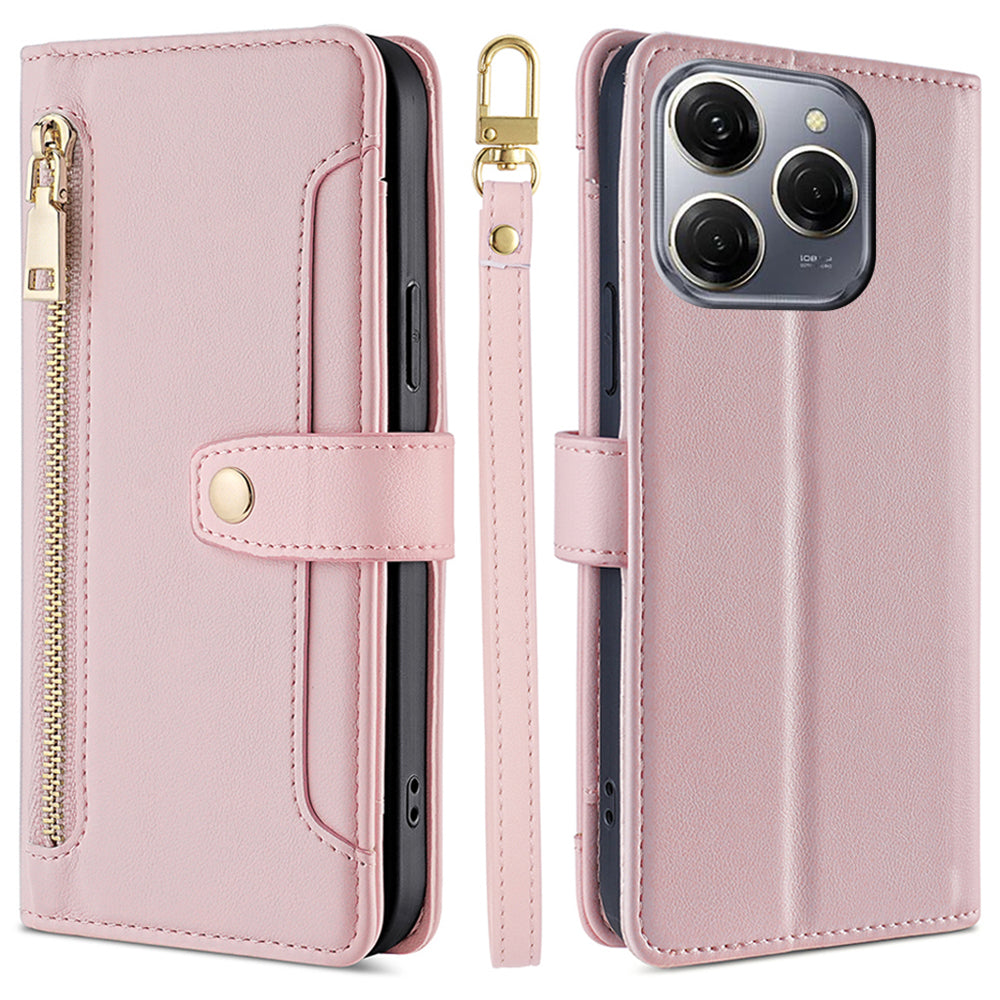 For Transsion Tecno Spark 20 Pro Case Zipper Pocket PU Leather Phone Wallet Cover with Shoulder Wrist Straps - Orange
