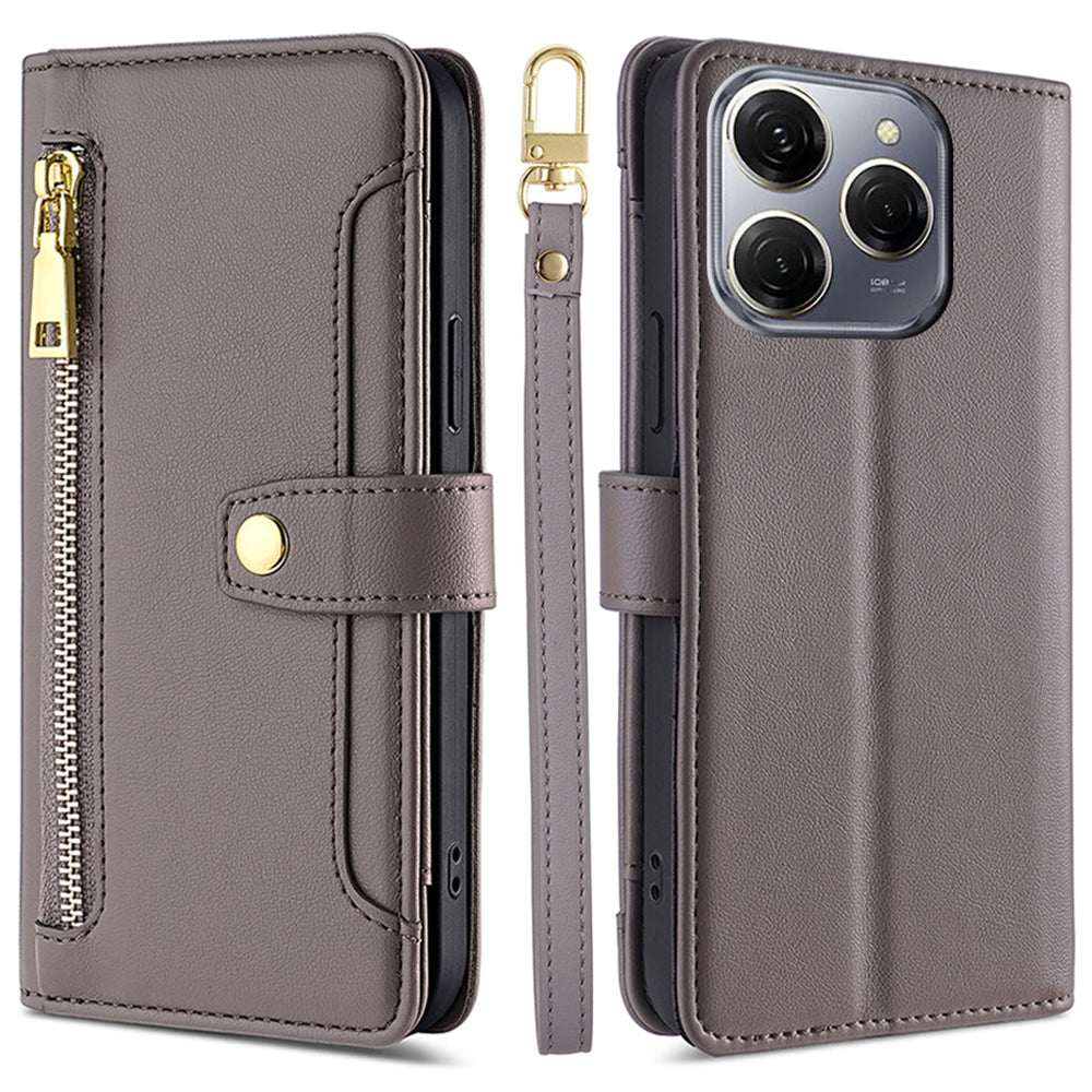 For Transsion Tecno Spark 20 Pro Case Zipper Pocket PU Leather Phone Wallet Cover with Shoulder Wrist Straps - Orange