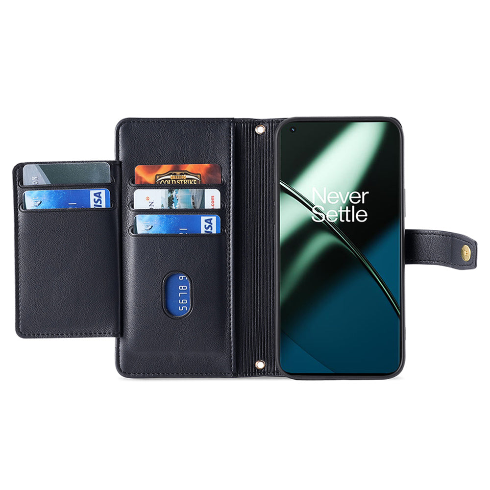 For OnePlus 12 5G Cell Phone Case PU Leather+TPU Stand Wallet Cover with Crossbody Strap - Black