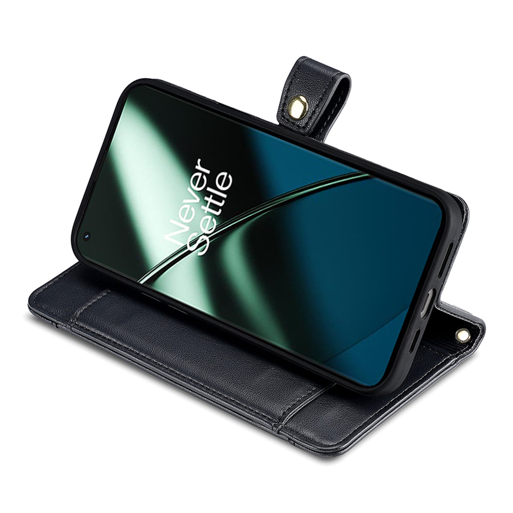 For OnePlus 12 5G Cell Phone Case PU Leather+TPU Stand Wallet Cover with Crossbody Strap - Black