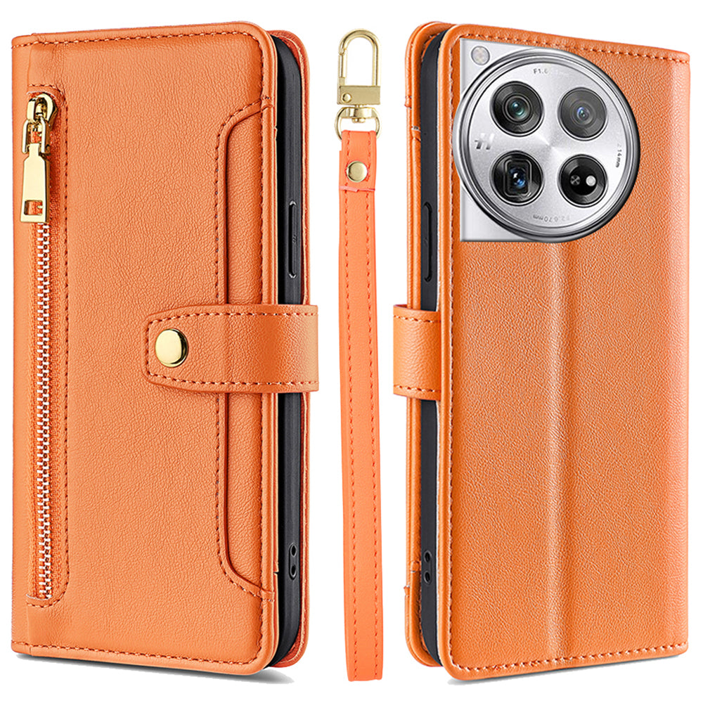 For OnePlus 12 5G Cell Phone Case PU Leather+TPU Stand Wallet Cover with Crossbody Strap - Black