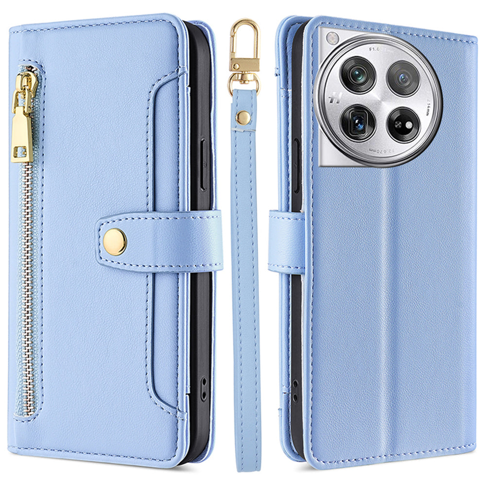 For OnePlus 12 5G Cell Phone Case PU Leather+TPU Stand Wallet Cover with Crossbody Strap - Black