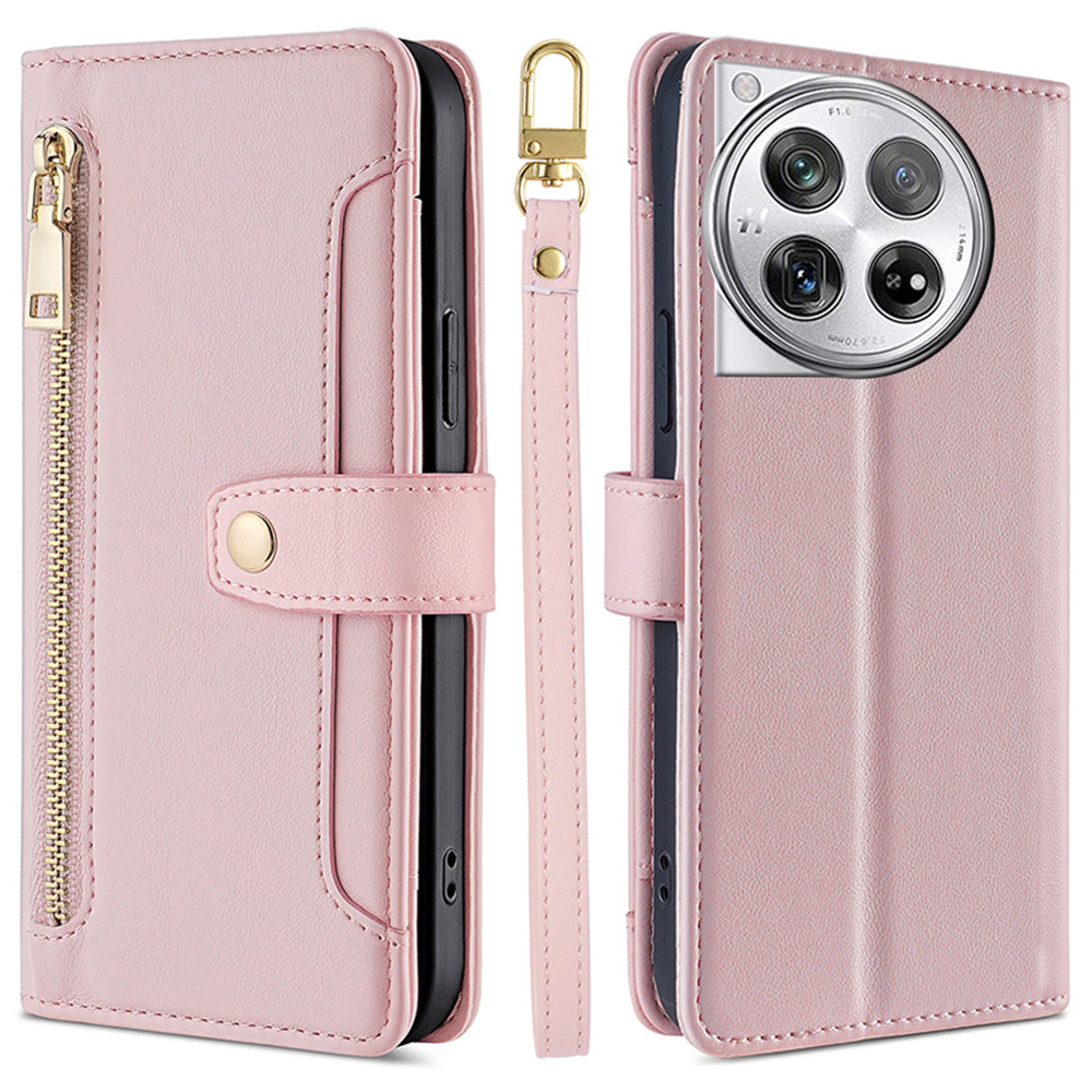 For OnePlus 12 5G Cell Phone Case PU Leather+TPU Stand Wallet Cover with Crossbody Strap - Black