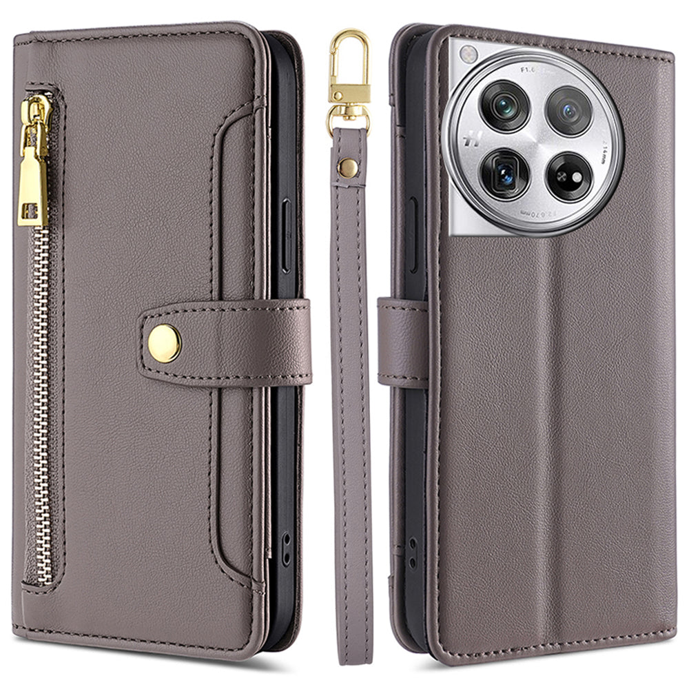 For OnePlus 12 5G Cell Phone Case PU Leather+TPU Stand Wallet Cover with Crossbody Strap - Black