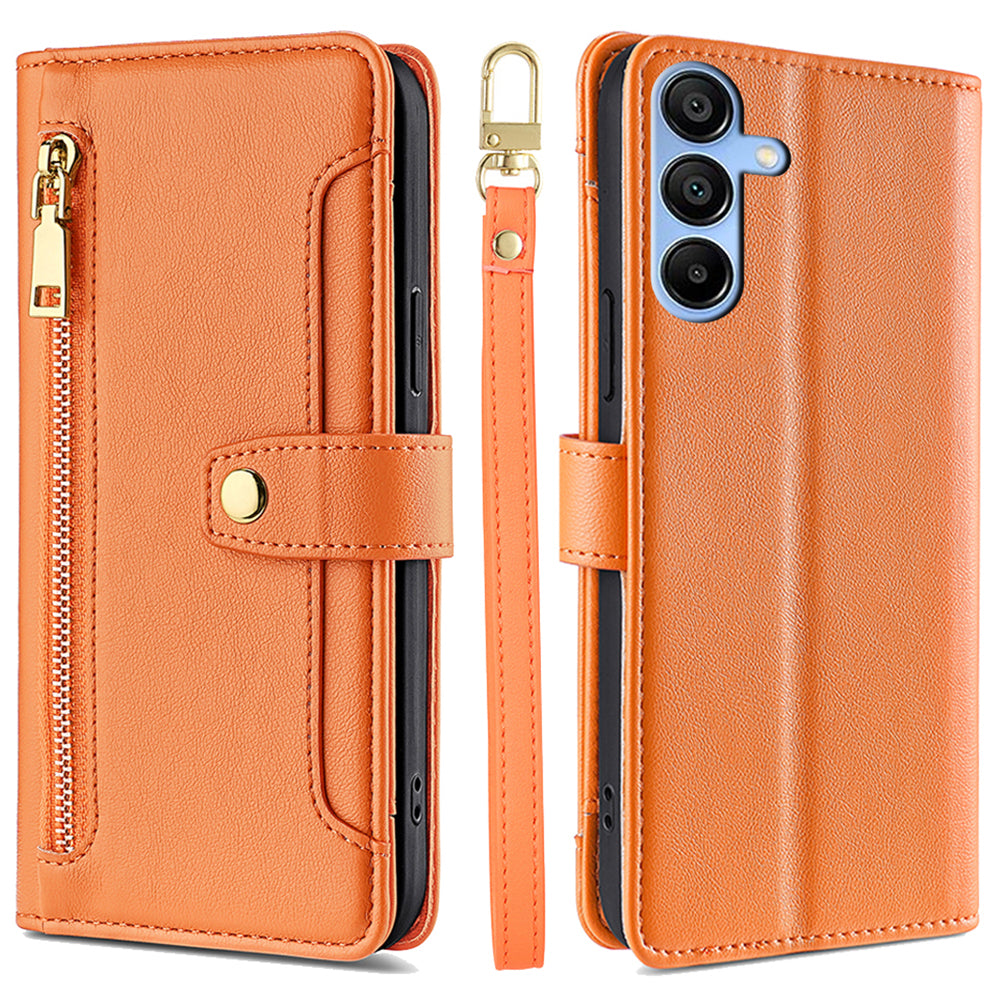 For Samsung Galaxy A15 4G / A15 5G Magnetic Phone Case Zipper Pocket 6 Card Holders Cover - Orange
