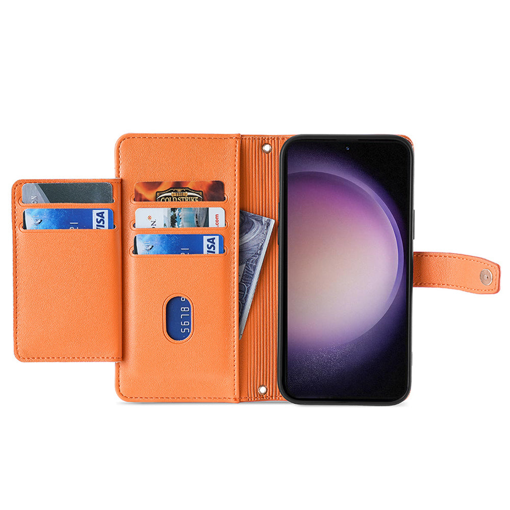 For Samsung Galaxy A15 4G / A15 5G Magnetic Phone Case Zipper Pocket 6 Card Holders Cover - Orange
