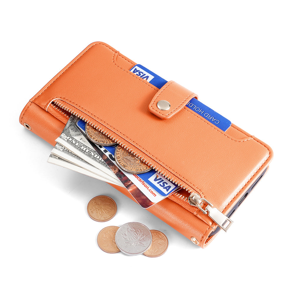 For Samsung Galaxy A15 4G / A15 5G Magnetic Phone Case Zipper Pocket 6 Card Holders Cover - Orange
