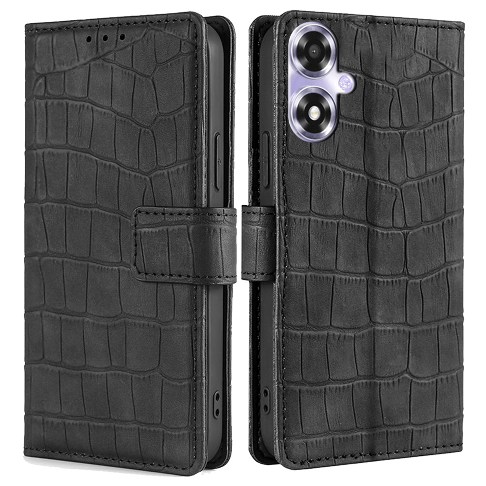 For Oppo A2x 5G / A2m 5G Phone Case Wallet Skin-touch PU Leather Crocodile Texture Stand Flip Cover - Black