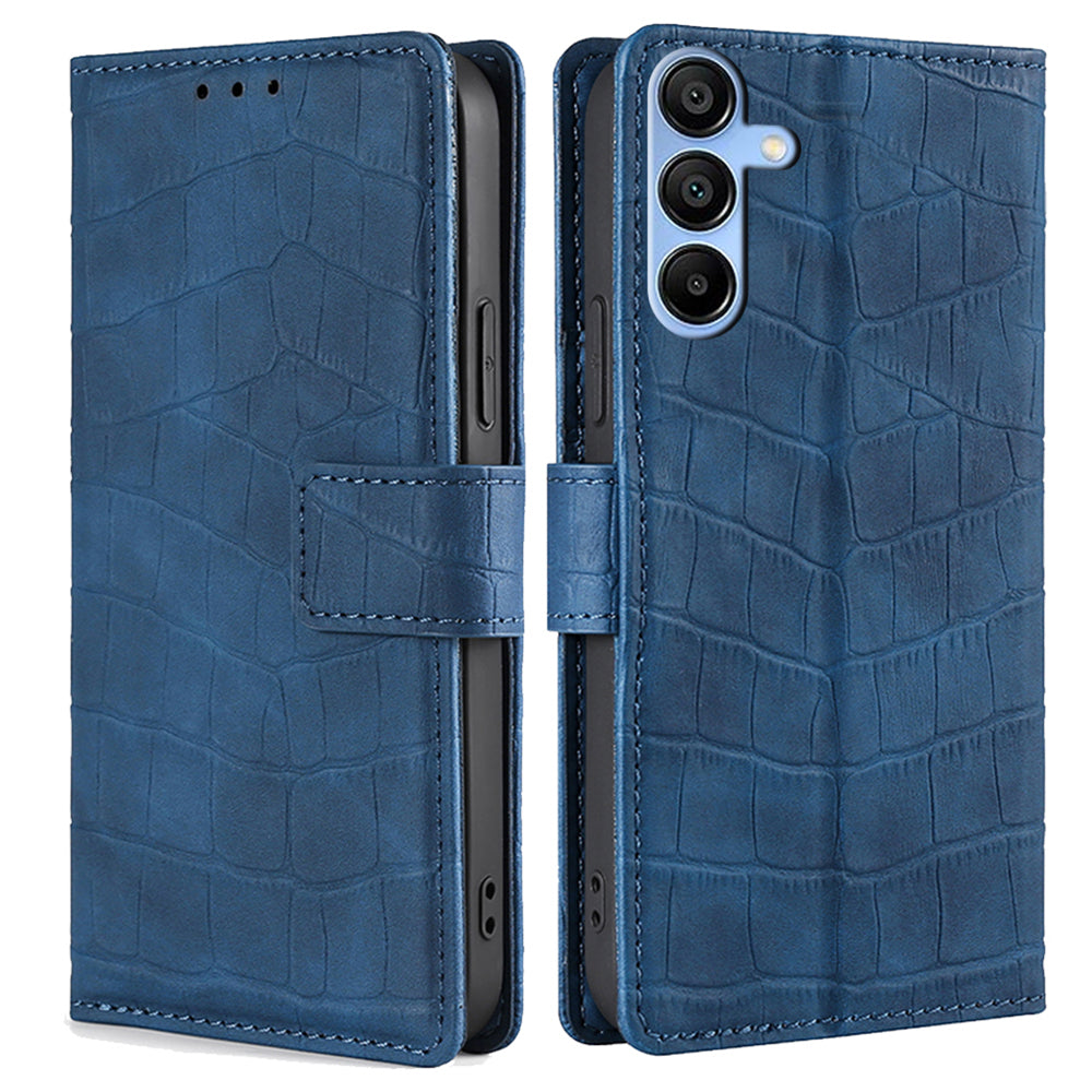 Crocodile Texture Shell for Samsung Galaxy A15 4G / 5G Phone Case Wallet PU Leather Phone Stand Cover - Blue
