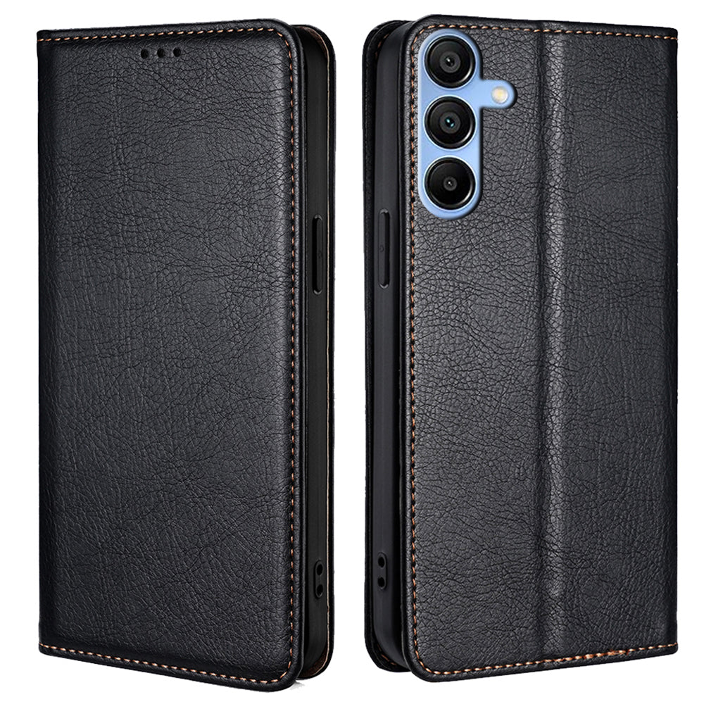 For Samsung Galaxy A15 4G / A15 5G Case Solid Color PU Leather Magnetic Closing Phone Guard Cover - Black