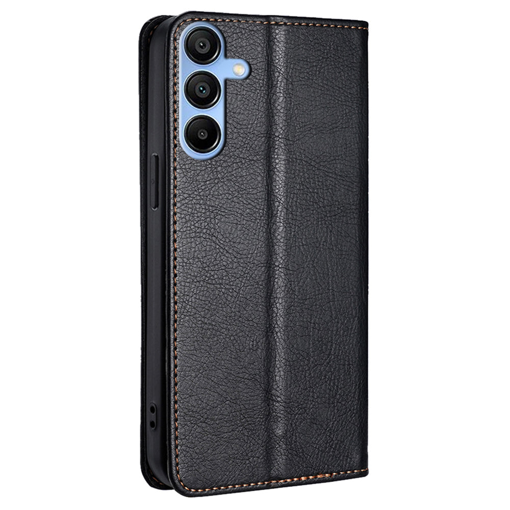 For Samsung Galaxy A15 4G / A15 5G Case Solid Color PU Leather Magnetic Closing Phone Guard Cover - Black