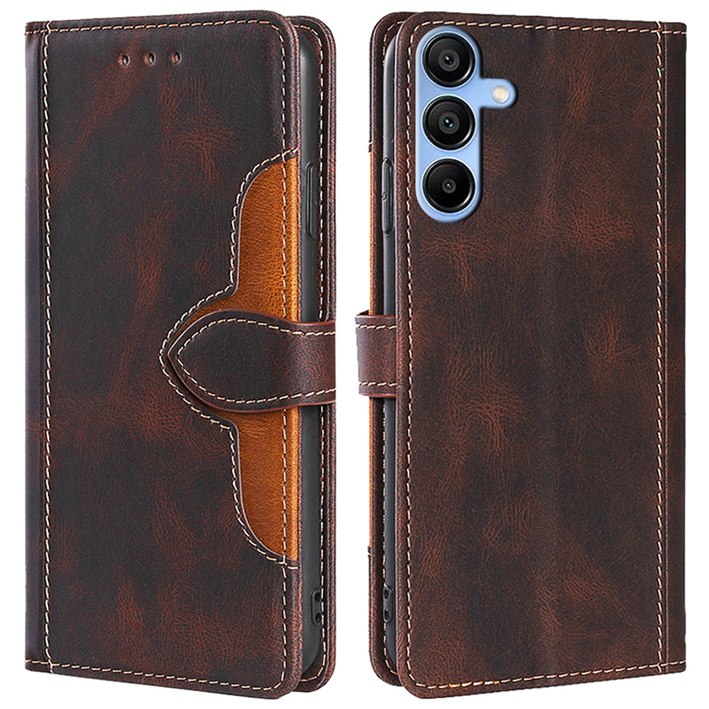 For Samsung Galaxy A15 4G / A15 5G Cover Straw Hat Design PU Leather Stand Wallet Cell Phone Case - Brown