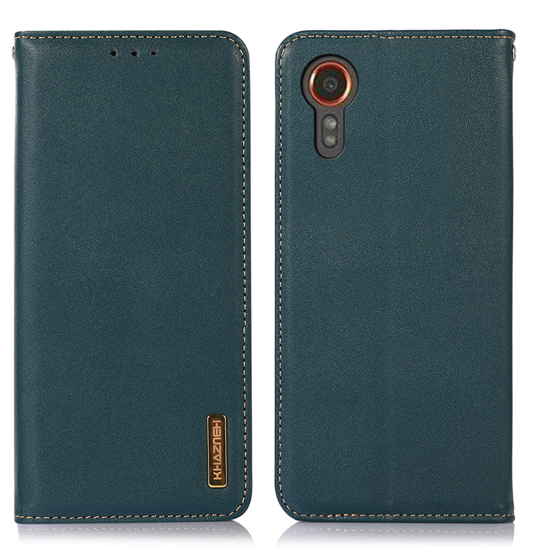 KHAZNEH For Samsung Galaxy Xcover7 Genuine Cow Leather Case Phone Wallet Stand - Black