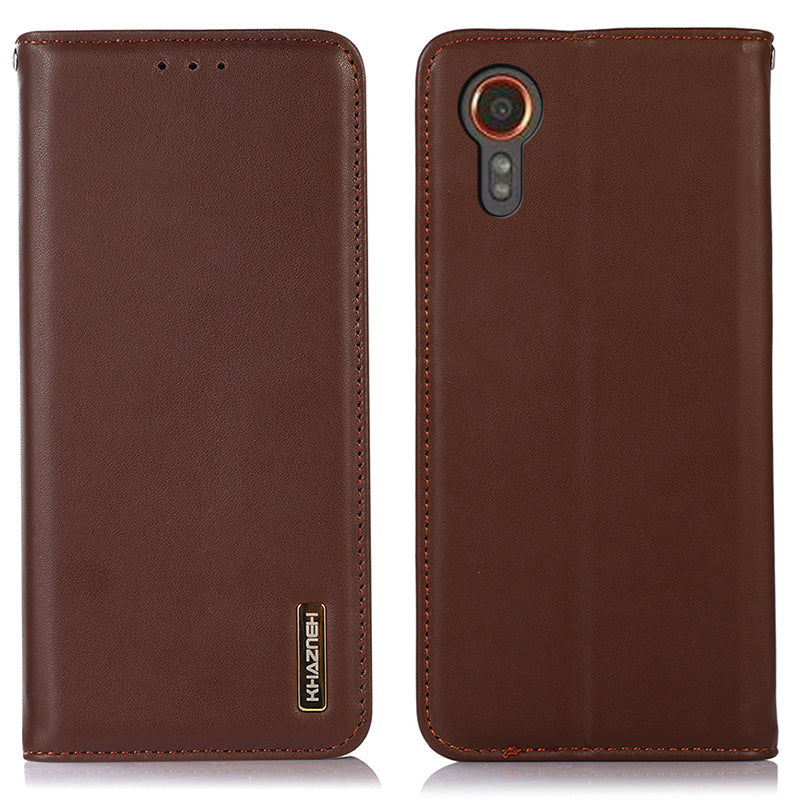 KHAZNEH For Samsung Galaxy Xcover7 Genuine Cow Leather Case Phone Wallet Stand - Black