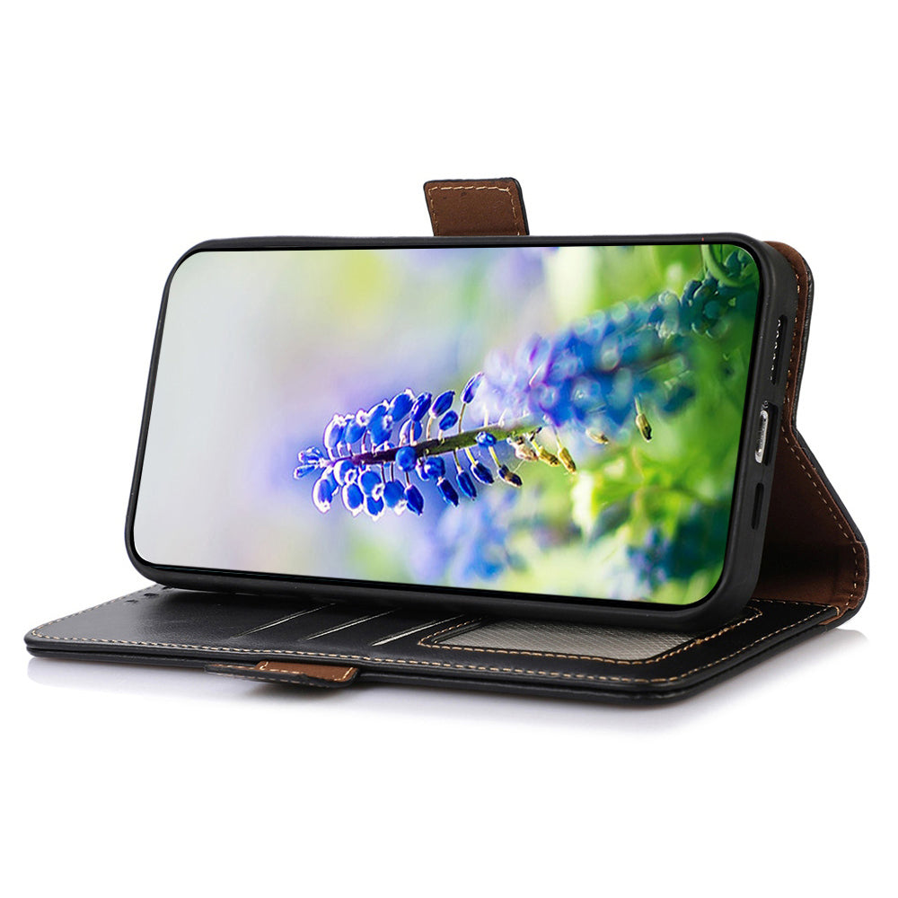 For Samsung Galaxy Xcover7 Wallet Phone Case Genuine Cow Leather RFID Blocking - Black