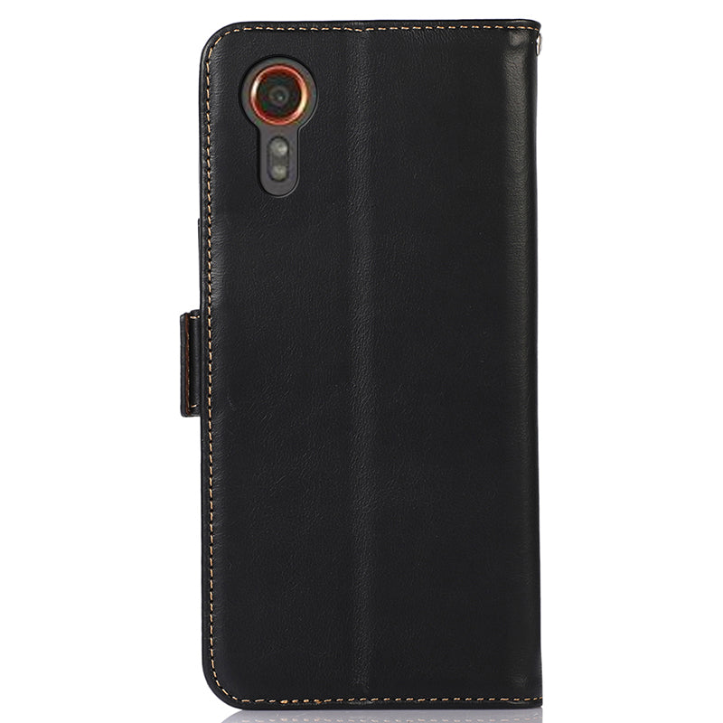 For Samsung Galaxy Xcover7 Wallet Phone Case Genuine Cow Leather RFID Blocking - Black