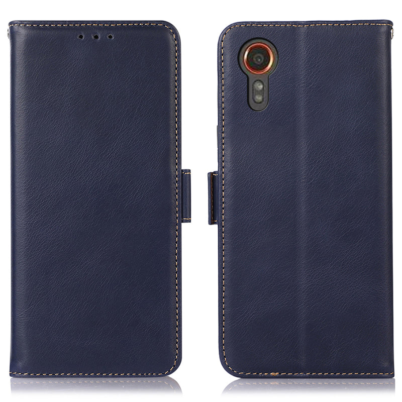 For Samsung Galaxy Xcover7 Wallet Phone Case Genuine Cow Leather RFID Blocking - Black