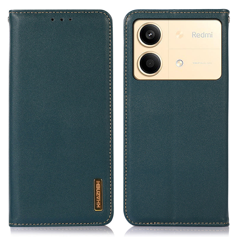 KHAZNEH For Xiaomi Redmi Note 13R Pro 5G Phone Case Genuine Cow Leather RFID Blocking - Black