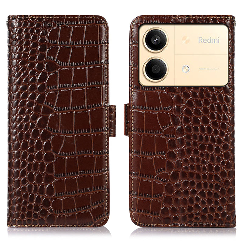 For Xiaomi Redmi Note 13R Pro 5G Phone Case Genuine Cow Leather Cover with Wallet Stand - Black