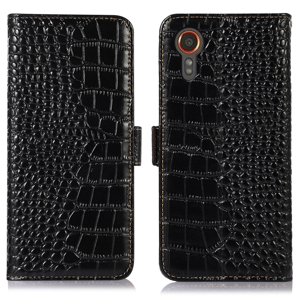 For Samsung Galaxy Xcover7 Wallet Case RFID Blocking Genuine Cow Leather Cover - Black