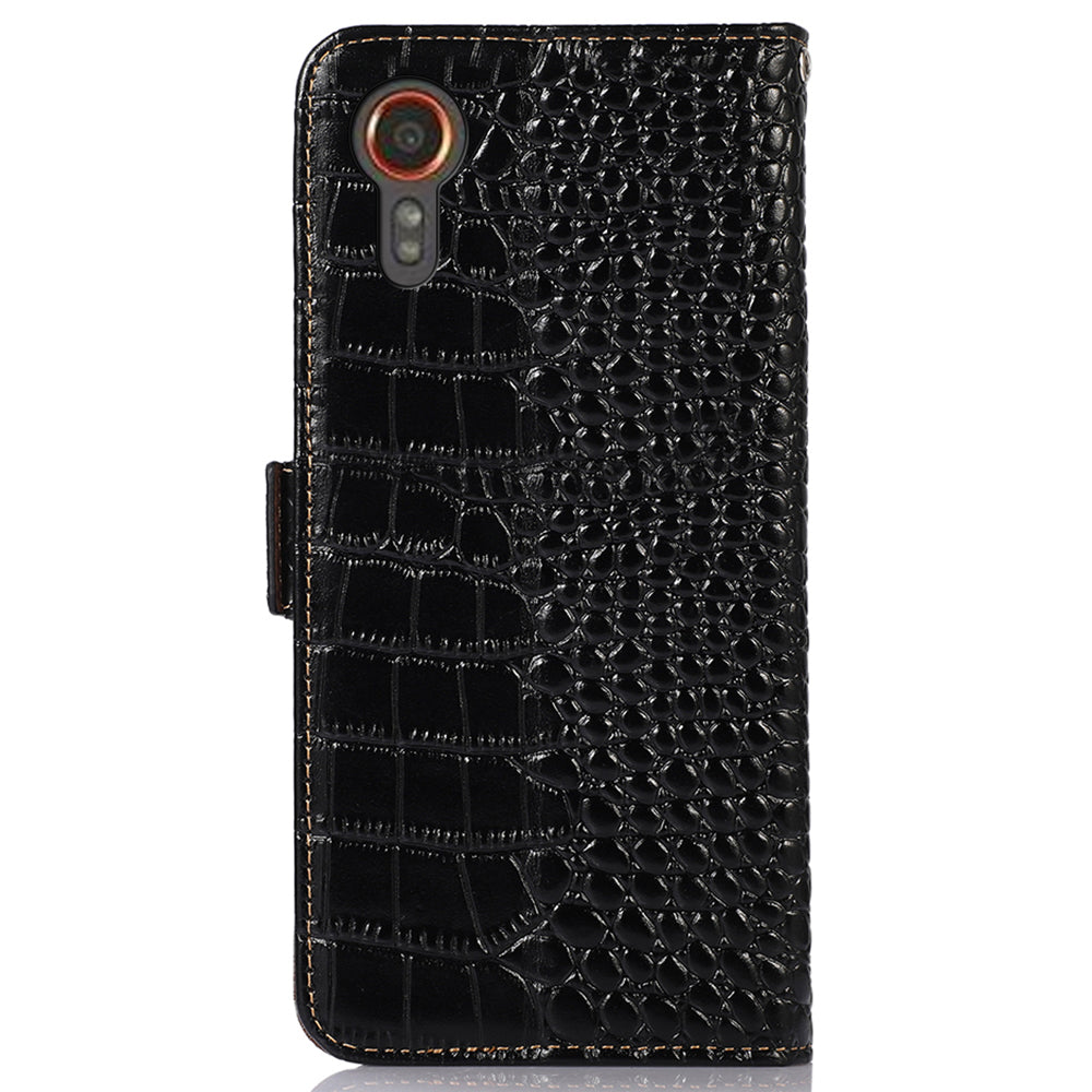 For Samsung Galaxy Xcover7 Wallet Case RFID Blocking Genuine Cow Leather Cover - Black