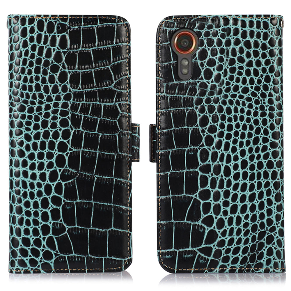 For Samsung Galaxy Xcover7 Wallet Case RFID Blocking Genuine Cow Leather Cover - Black