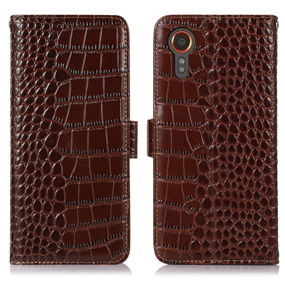 For Samsung Galaxy Xcover7 Wallet Case RFID Blocking Genuine Cow Leather Cover - Black